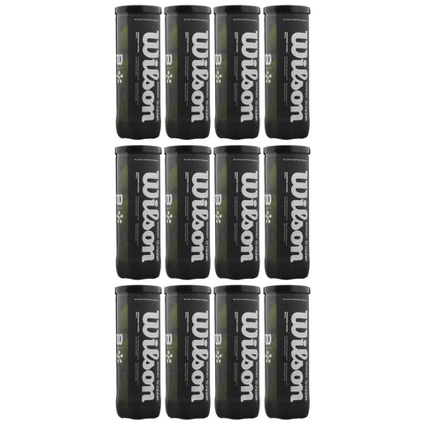 Black cylindrical containers labeled Wilson are arranged in a 3 by 4 grid displaying a white logo with text on a dark background illuminated against a light surface.