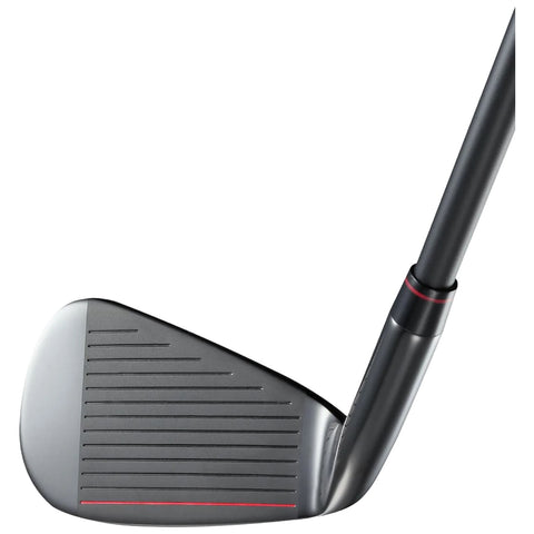 A sleek black golf club head is positioned sideways showcasing its face with distinct grooves and a red line near the bottom with a shaft visible behind it in a neutral setting.