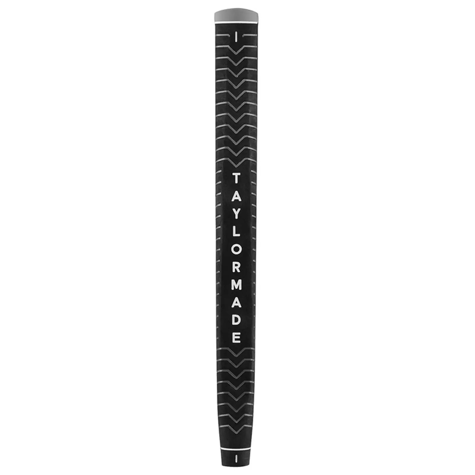 A black golf club grip with a textured surface features the brand name TAYLORMADE printed in white letters along the length while the grip is positioned upright against a plain background.