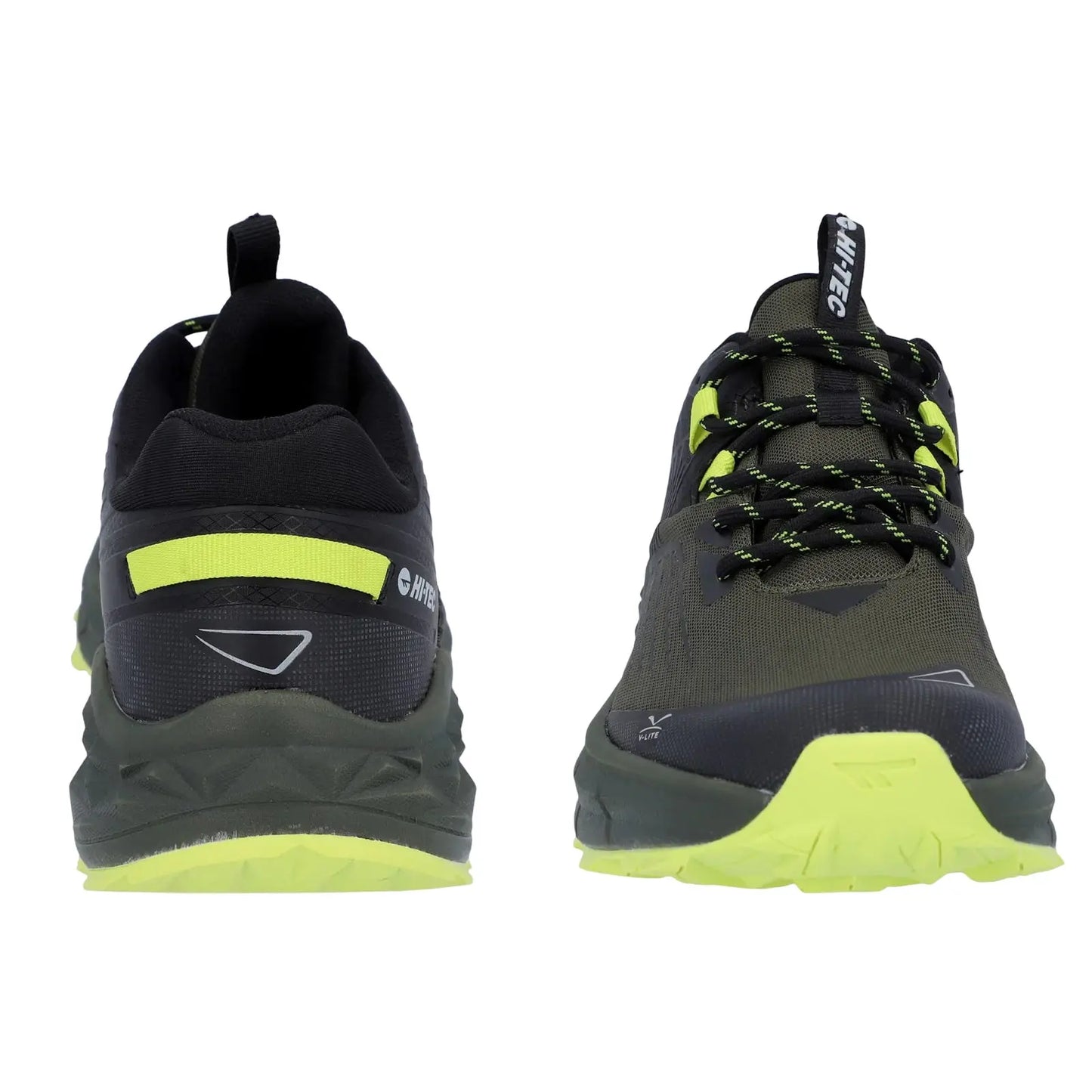 A pair of athletic shoes showcases a black and green design with laces and a pull tab on the heel positioned against a plain white background emphasizing their features.