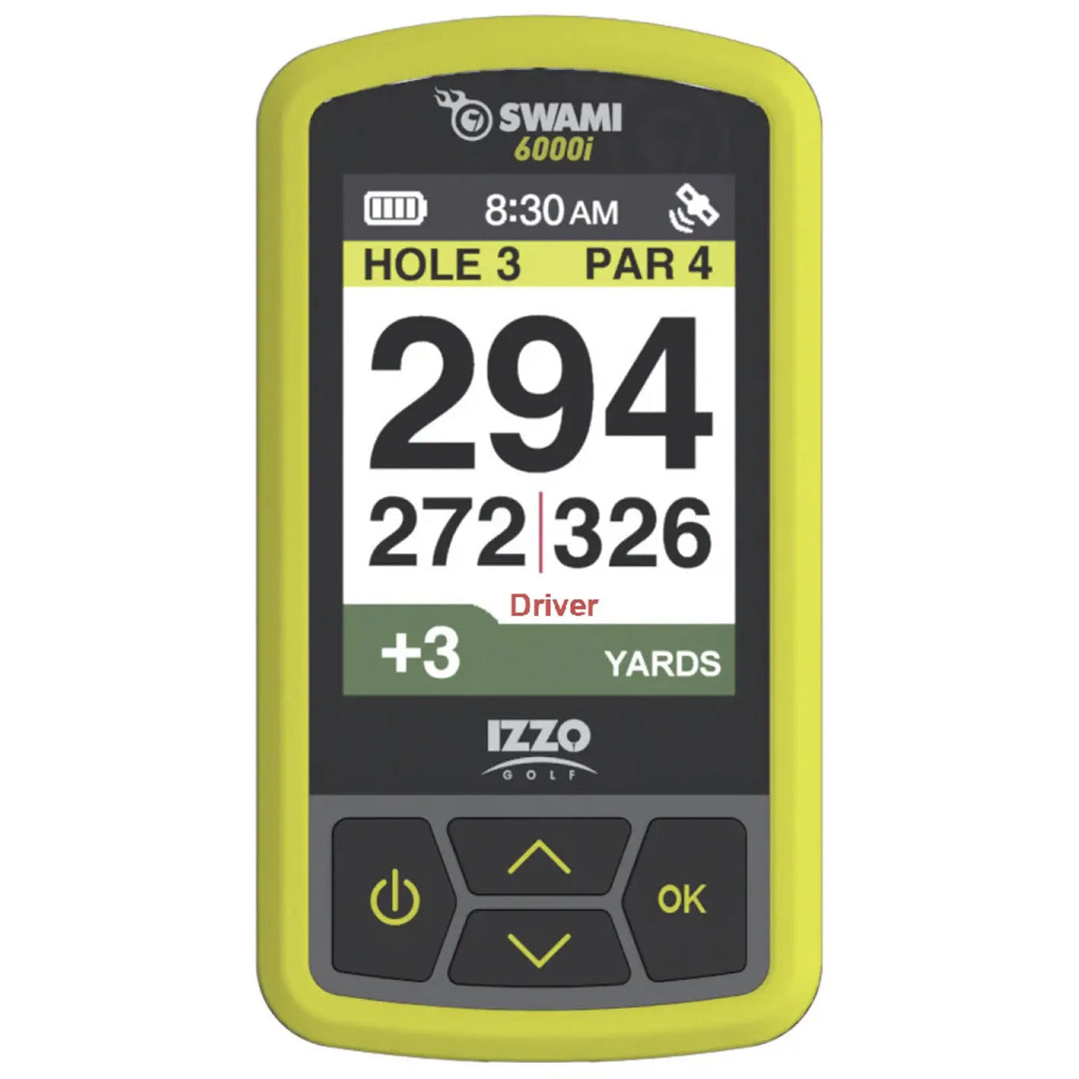 A golf GPS device displays the current hole 3 distance of 294 yards with additional yardage information 272 and 326 yards indicates a par 4 hole and suggests using a driver.