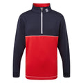 A long-sleeve zippered pullover is displayed featuring a navy upper section and a vibrant red lower portion with a white line separating them and a logo on the neckline.