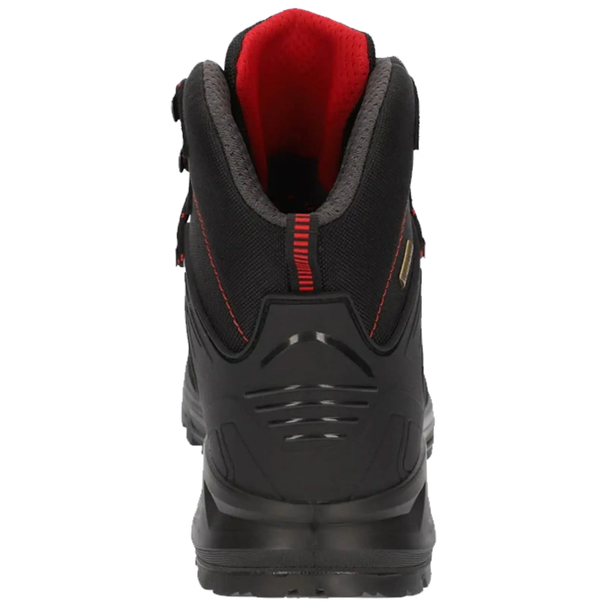A sturdy black boot with red accents stands upright showcasing its structured heel and padded collar ready for outdoor activities in a rugged environment.