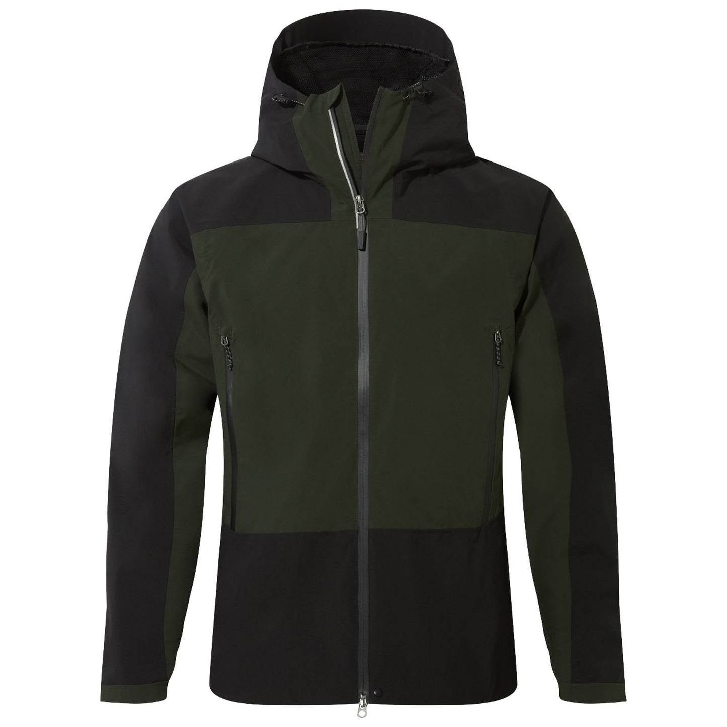 A zippered jacket with a hood features an alternating color scheme of dark green and black showcasing two zippered pockets on each side designed for outdoor wear.