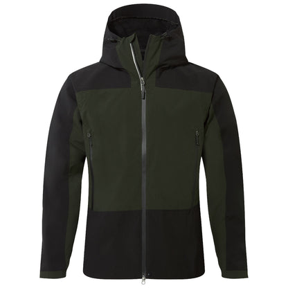 A zippered jacket with a hood features an alternating color scheme of dark green and black showcasing two zippered pockets on each side designed for outdoor wear.