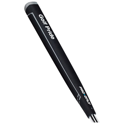 A black golf putter grip featuring the text Golf Pride and Pro Only rests in an upright position against a plain background designed for enhancing grip during putting action on the golf course.