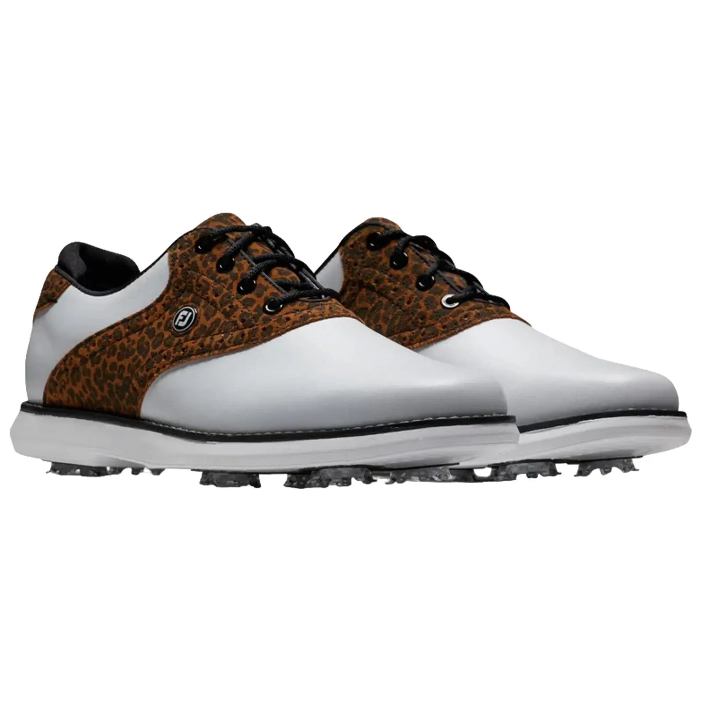 A pair of golf shoes featuring a white leather base and a brown leopard print upper are displayed together emphasizing their stylish design for performance on the golf course.