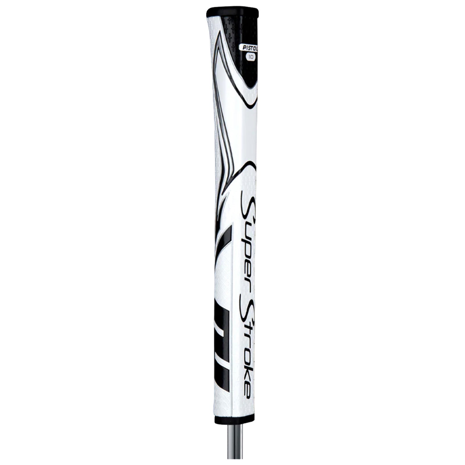 A golf putter grip is displayed vertically with a white and black design featuring the text Super Stroke along its side designed for improved control and comfort in a golfing context.