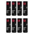 Eight cylindrical containers are arranged in two rows containing padel balls. They feature a black design with a red logo, labeled "X3 SPEED" and "FASTER PERFORMANCE PADEL BALL."