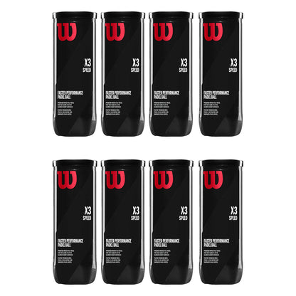 Eight cylindrical containers are arranged in two rows containing padel balls. They feature a black design with a red logo, labeled "X3 SPEED" and "FASTER PERFORMANCE PADEL BALL."