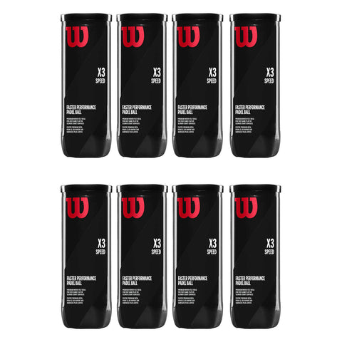 Eight cylindrical containers are arranged in two rows containing padel balls. They feature a black design with a red logo, labeled "X3 SPEED" and "FASTER PERFORMANCE PADEL BALL."