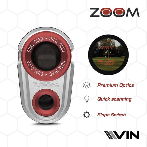 A compact red and silver device featuring a circular viewing lens displays numerical data. It is intended for measuring distances in outdoor settings such as golf courses with sleek design elements showcasing its features.