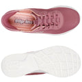 A pink sneaker with a mesh upper features laces and a cushioned insole labeled Skechers Slip-Ins designed for comfort with a flexible white sole suitable for casual wear.