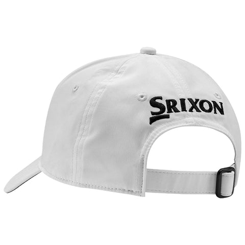 A white baseball cap is displayed with the brand name Srixon prominently embroidered in black on the back its adjustable strap is visible on one side