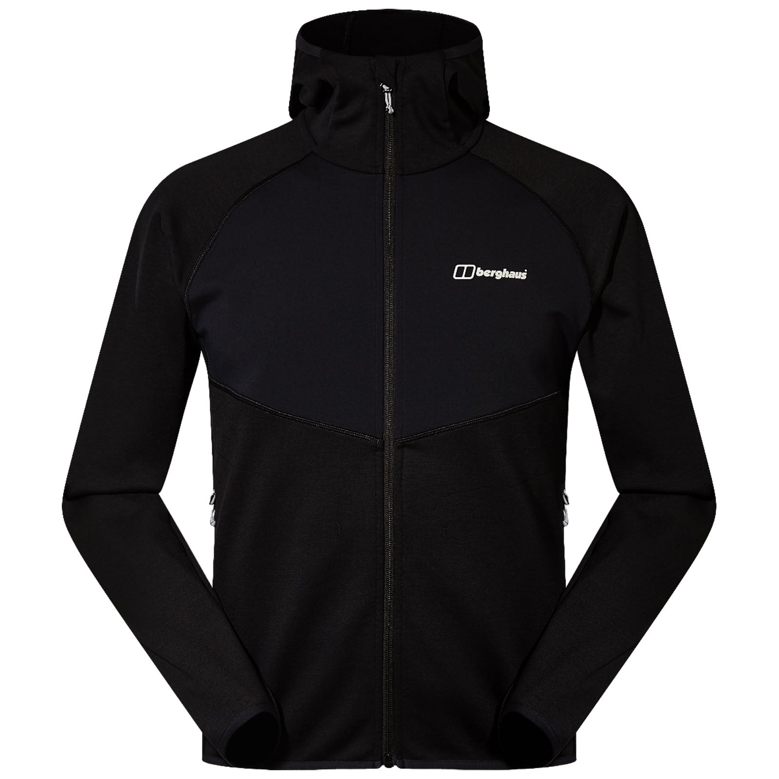 A black jacket with a high collar features a zip at the front and a logo on the left chest area designed for outdoor activities and warmth in cool environments.