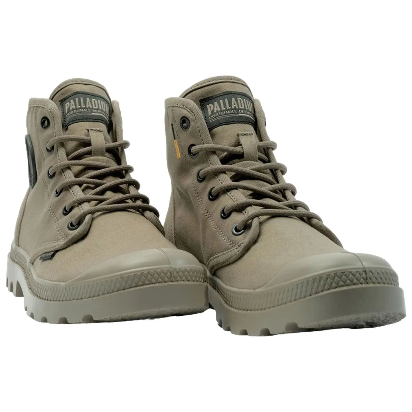 A pair of tan high-top shoes stands side by side showcasing round toes thick soles and laces with branding on the tongue and side offering a casual outdoor style