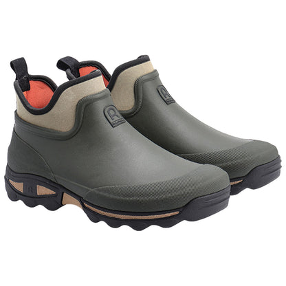 A pair of green waterproof boots are placed side by side featuring a high ankle design with a tan collar and a textured sole suitable for outdoor activities.