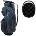 A golf bag stands upright with multiple zippered compartments and a padded strap for carrying while a separate section shows the interior club compartment with dividers for organization.