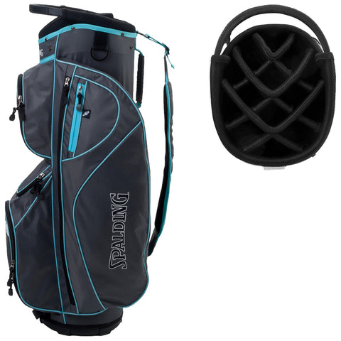A golf bag stands upright with multiple zippered compartments and a padded strap for carrying while a separate section shows the interior club compartment with dividers for organization.