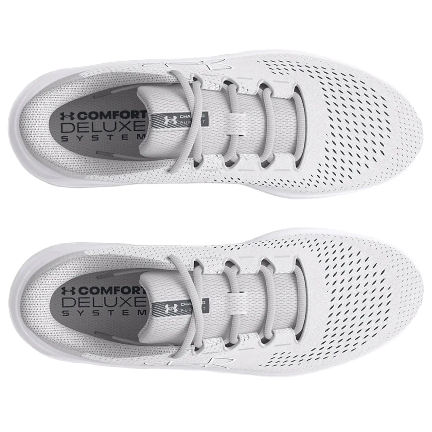 A pair of light gray athletic shoes rests flat with a breathable mesh upper and laces. The insoles display the text COMFORT DELUXE SYSTEM. The background is plain.