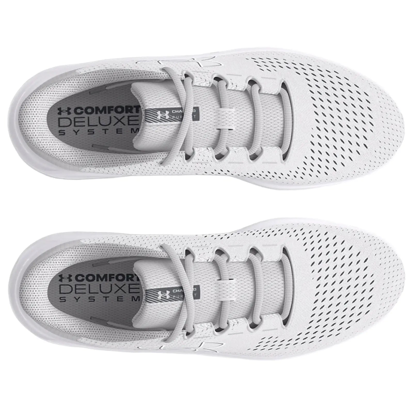 A pair of light gray athletic shoes rests flat with a breathable mesh upper and laces. The insoles display the text COMFORT DELUXE SYSTEM. The background is plain.