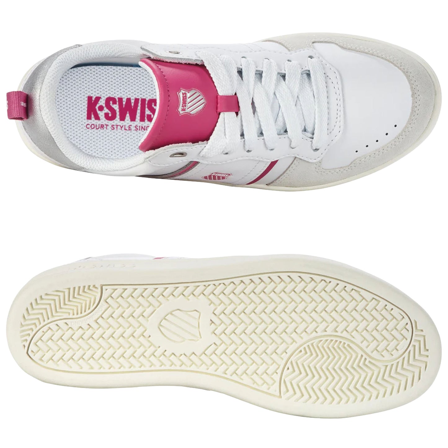 White and pink K-Swiss sneakers are displayed with the top view showing laces and logo while the sole is visible below indicating a sports or casual style in a clean background.