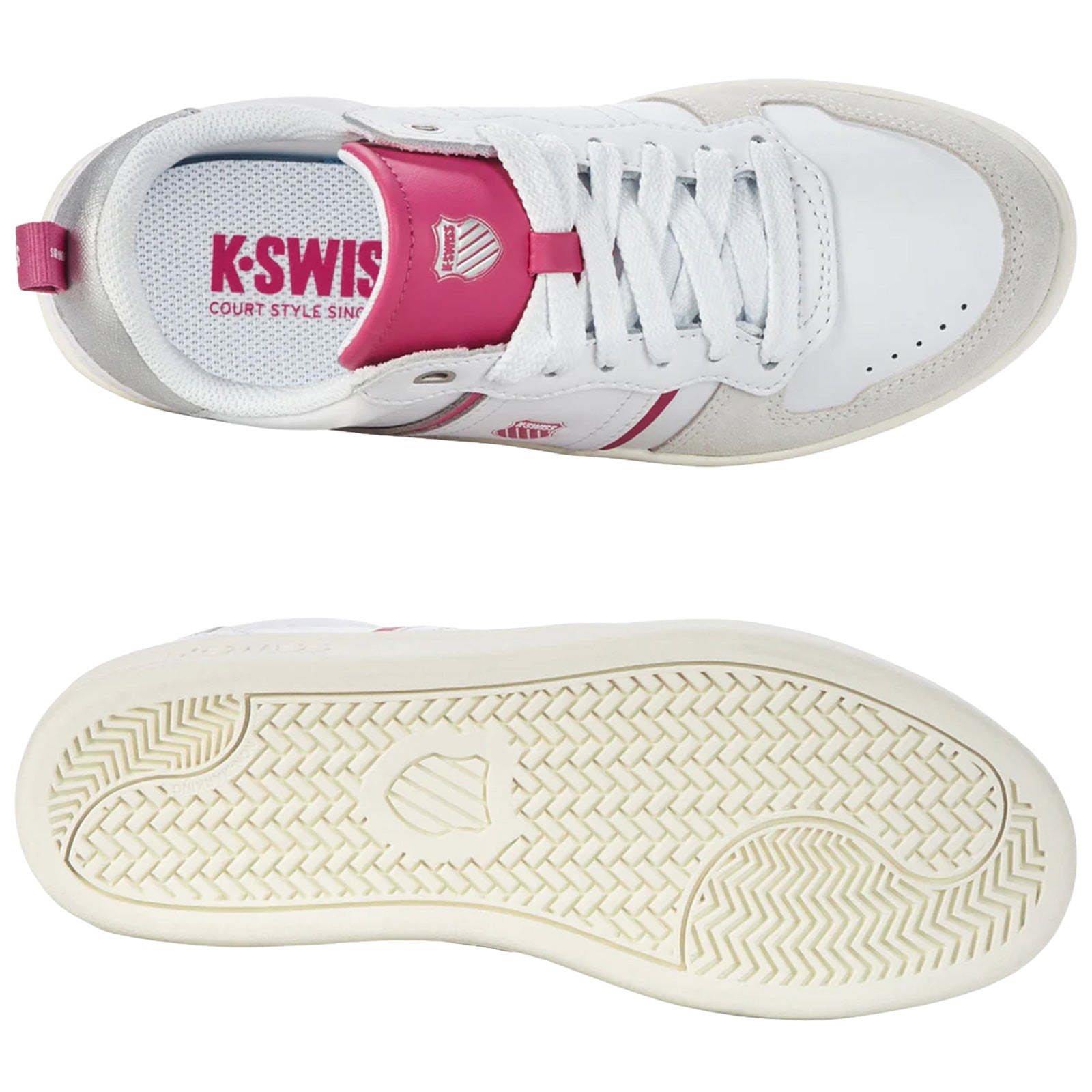 White and pink K-Swiss sneakers are displayed with the top view showing laces and logo while the sole is visible below indicating a sports or casual style in a clean background.