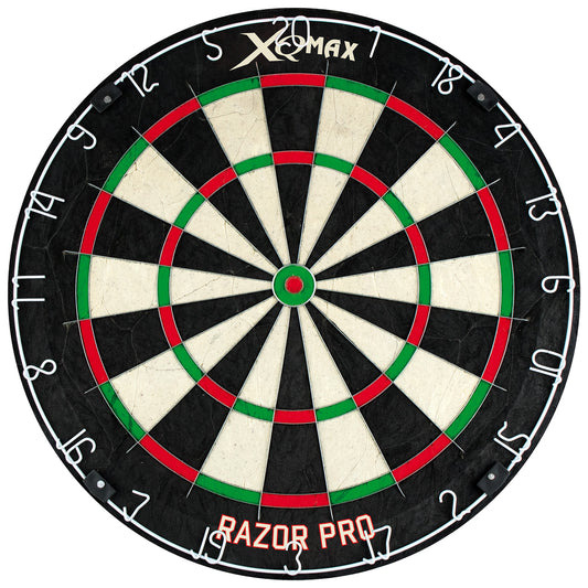 A circular dartboard displays a series of numbered segments in alternating colors of black green and red with a central bullseye highlighting the area for scoring located in an indoor recreational setting.