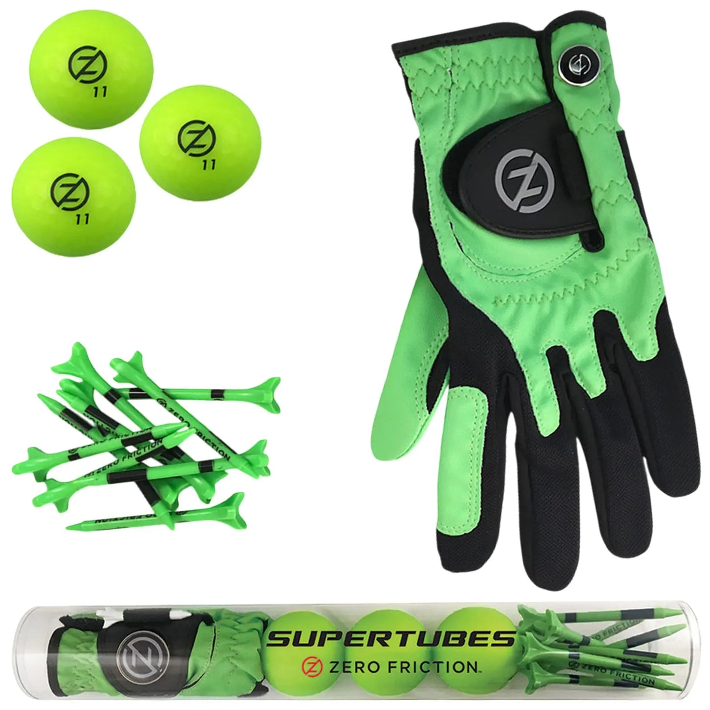 Three neon green golf balls sit alongside a black and green golf glove and several green tees contained in a transparent tube labeled Super Tubes Zero Friction, ready for use on a golf course.