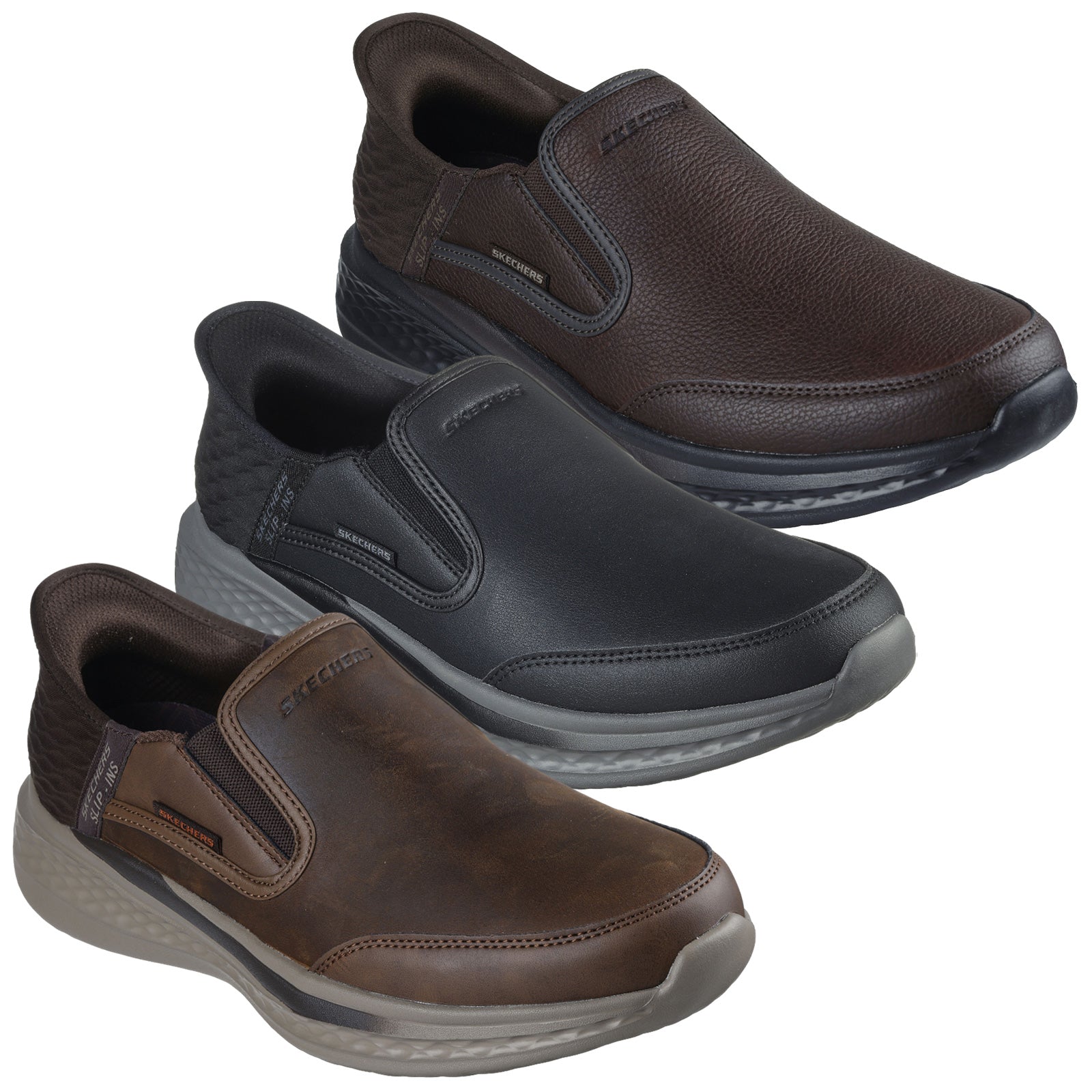 Three pairs of slip-on shoes are positioned side by side showcasing different shades of brown and black leather materials with a sporty design suitable for casual wear.