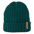 A green knit beanie sits upright showcasing its ribbed texture and folded cuff with a small label reading "CRAGHOPPERS" attached to the side.