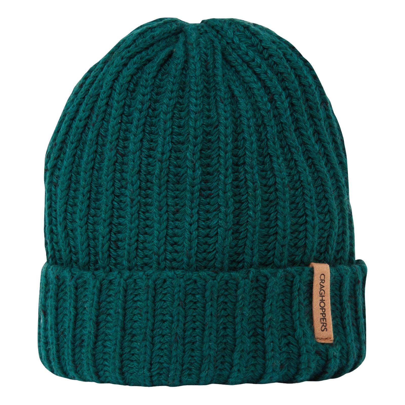 A green knit beanie sits upright showcasing its ribbed texture and folded cuff with a small label reading "CRAGHOPPERS" attached to the side.