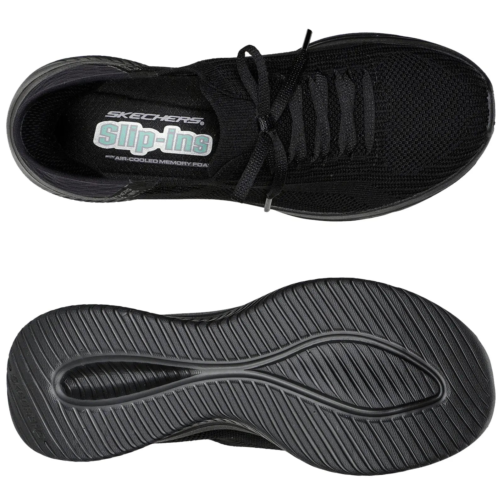 A black athletic shoe with a breathable mesh upper and a textured rubber sole sits flat showing both the top and bottom views highlighting its slip-on design and air-cooled memory foam features.