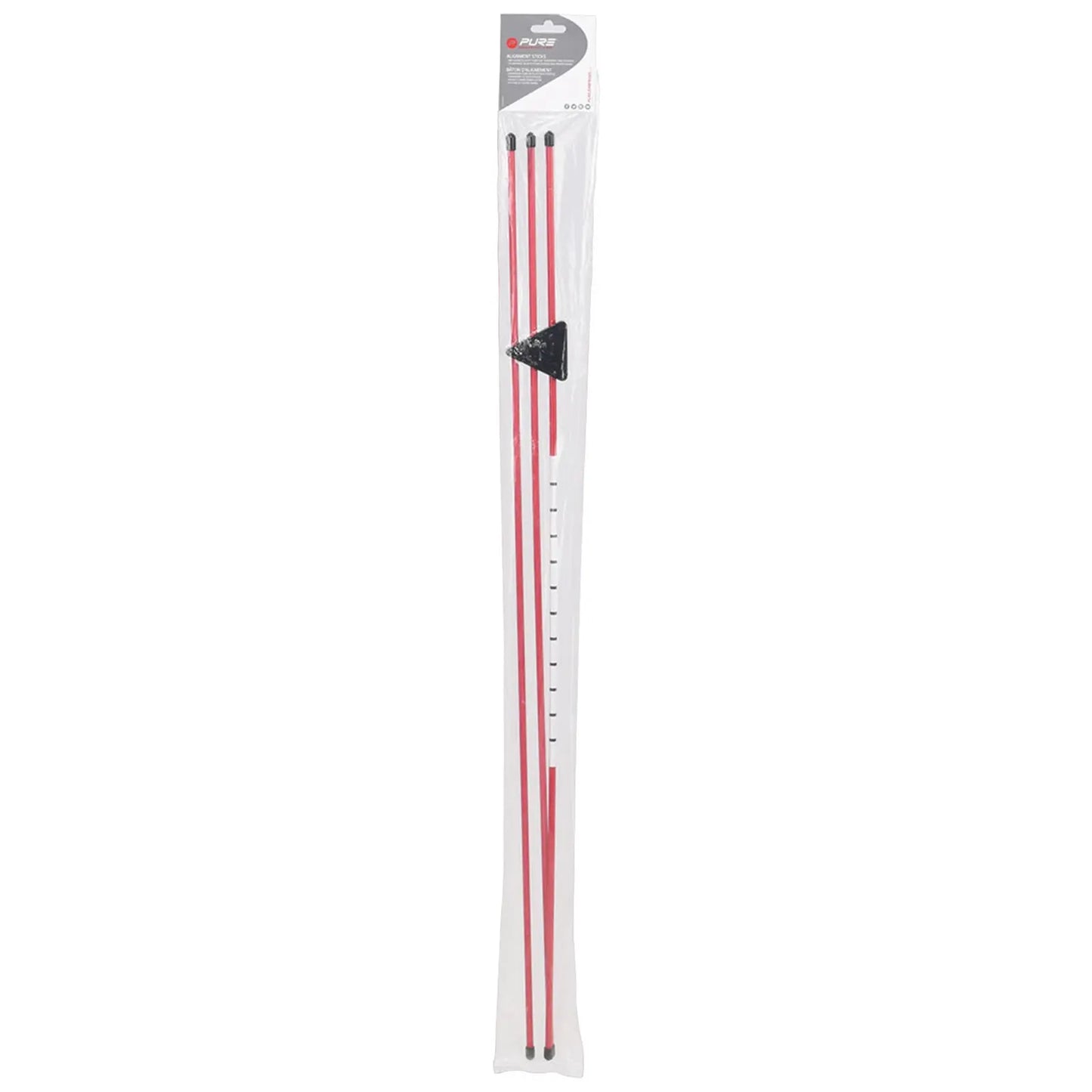 Three long red measuring rods are packaged together with a black triangular holder at the top displaying a clear scale for measurement in a transparent plastic wrapper.