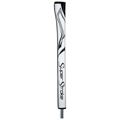 A golf putter grip is positioned vertically showcasing a white surface with black accents the text Super Stroke is displayed prominently along the side suggesting a performance-oriented design in a sporting context