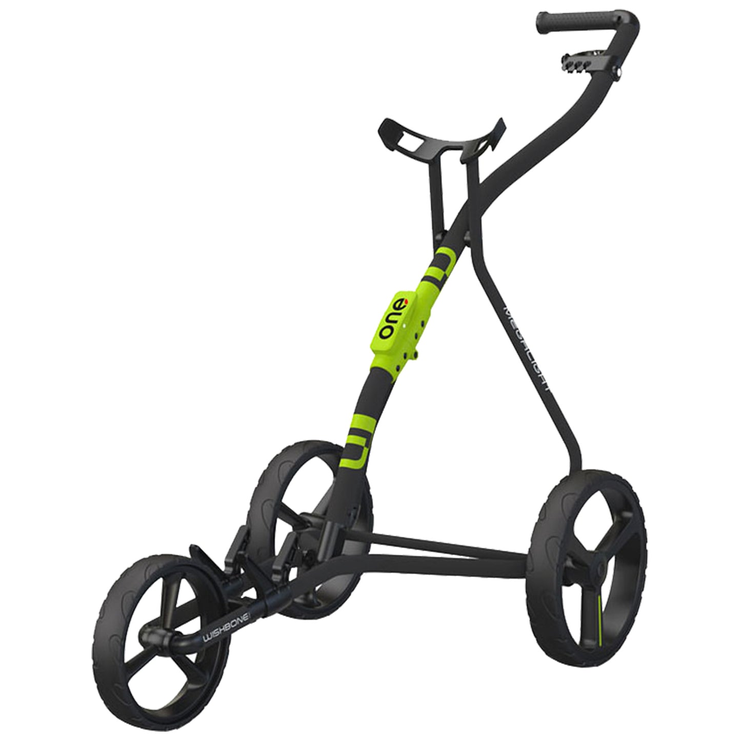 A black and green golf push cart is displayed standing upright featuring three wheels and a curved handle, designed for transporting golf clubs and equipment on courses.