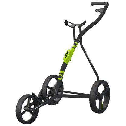 A black and green golf push cart is displayed standing upright featuring three wheels and a curved handle, designed for transporting golf clubs and equipment on courses.