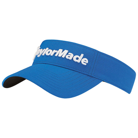 A blue visor hat is displayed facing right with an embroidered white logo that reads TaylorMade the hat is designed for sun protection and athletic use in outdoor settings.