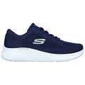A navy blue athletic shoe features a breathable mesh upper and a lightweight white sole designed for comfort. It is positioned against a plain background, highlighting its design.