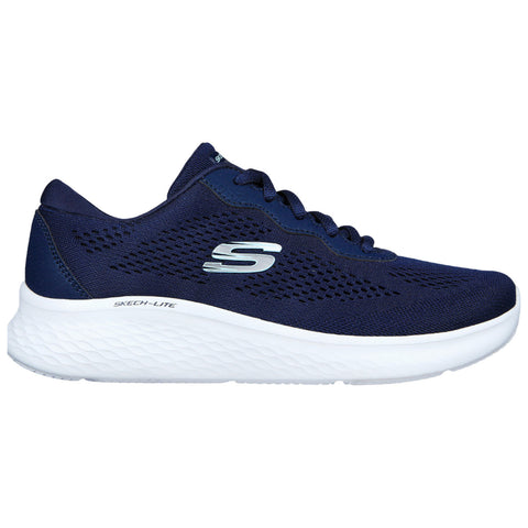A navy blue athletic shoe features a breathable mesh upper and a lightweight white sole designed for comfort. It is positioned against a plain background, highlighting its design.