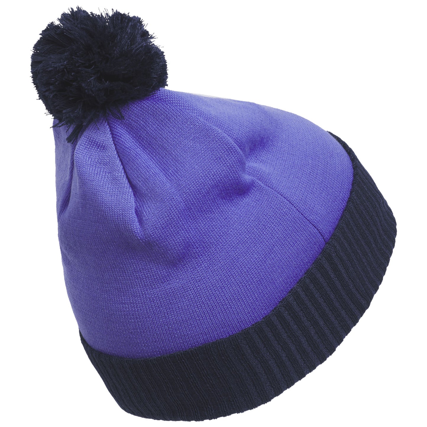 A purple knit beanie with a black ribbed band and a fuzzy black pom-pom on top rests at a slight angle against a plain background.