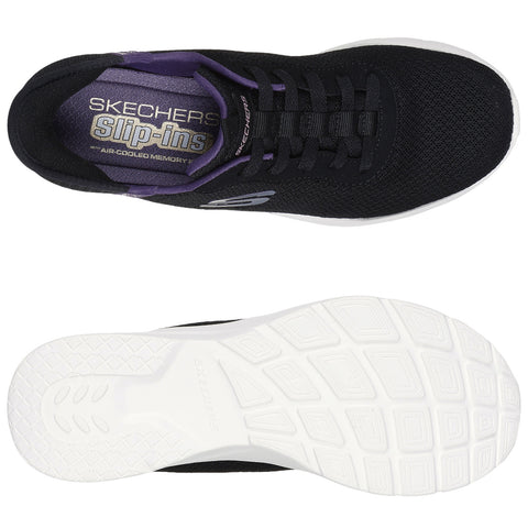 Black athletic shoe with a mesh upper and purple accents rests flatly showing the molded white sole designed for comfort and support suitable for casual or active wear
