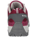 A maroon and gray athletic shoe is positioned upright displaying its back view featuring breathable mesh and a sturdy sole set against a plain white background.