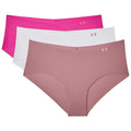 Three pairs of women's underwear are stacked and displayed. The colors are pink white and light brown. Each pair features a smooth fabric and a small logo on the waistband.