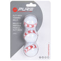 Three white golf training balls are displayed in a plastic packaging with a hanging tag the balls are designed for practicing putting paths and feature red directional markings on them.