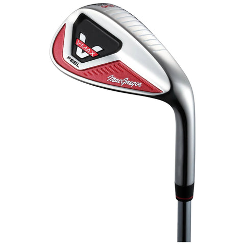 A golf club head with a sleek metallic finish features a red accent and grip area the club is designed for swinging to hit a golf ball on a course.