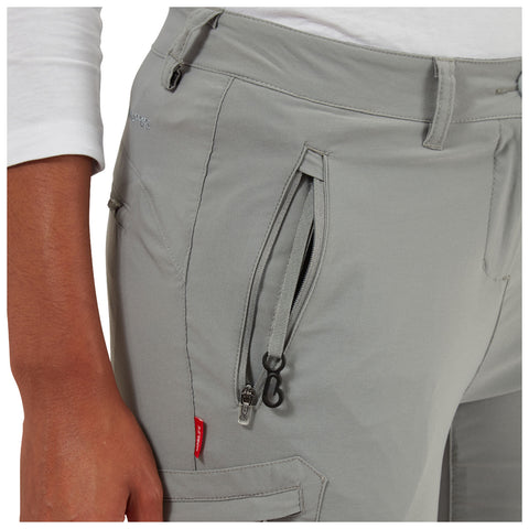 A pair of light gray pants is displayed highlighting a zippered pocket and a hand resting on the fabric showcasing features like a small logo and a contrasting red tag