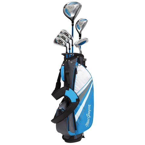 A golf bag stands upright showcasing various clubs including a driver and several iron clubs with sleek designs and blue accents placed for easy access in a sporty context.