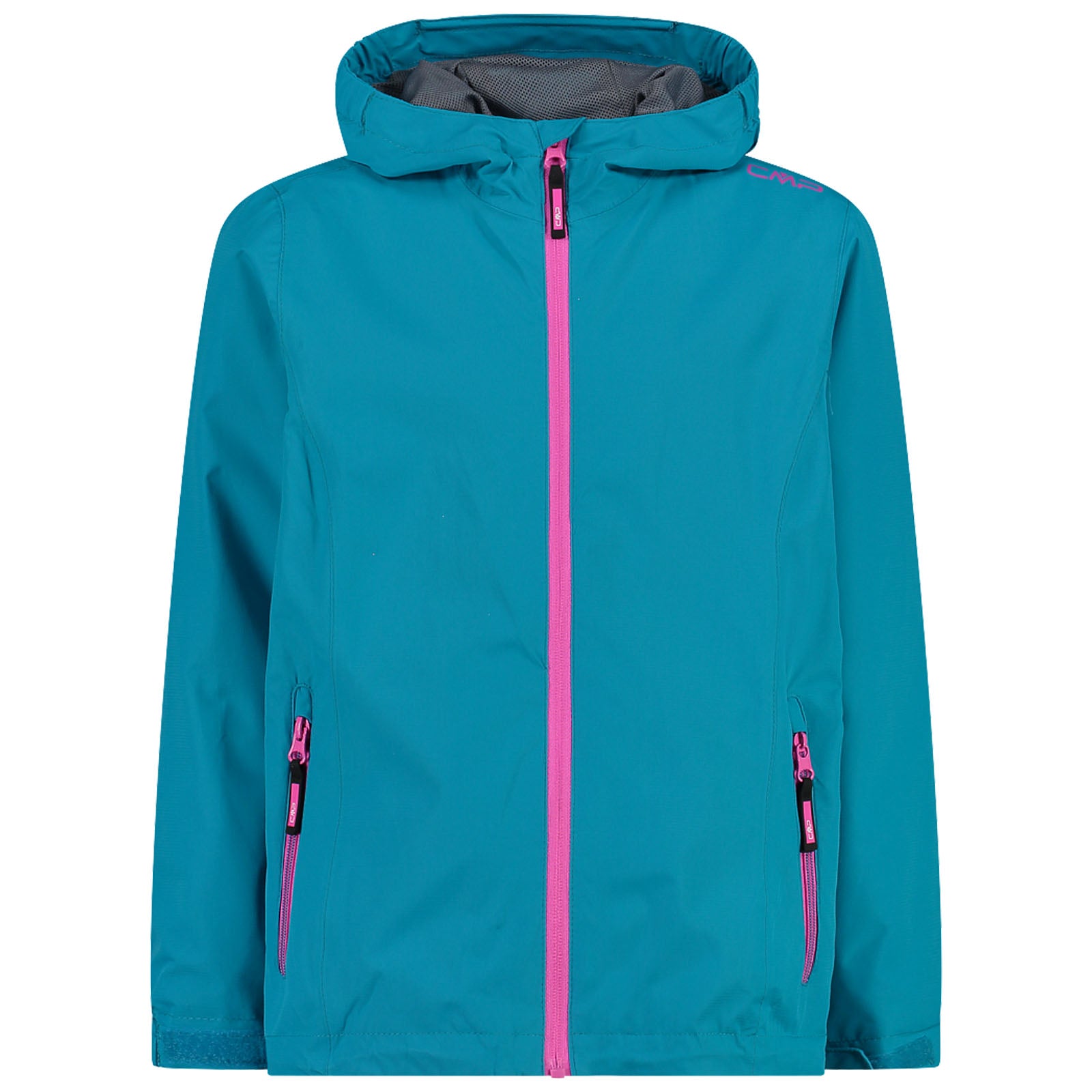 A bright teal jacket features a zippered front and a hood with pink accents and zippers on the sides suitable for outdoor activities in cool weather.