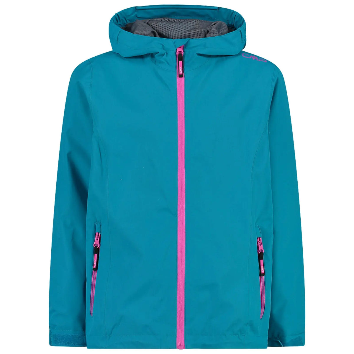 A bright teal jacket features a zippered front and a hood with pink accents and zippers on the sides suitable for outdoor activities in cool weather.